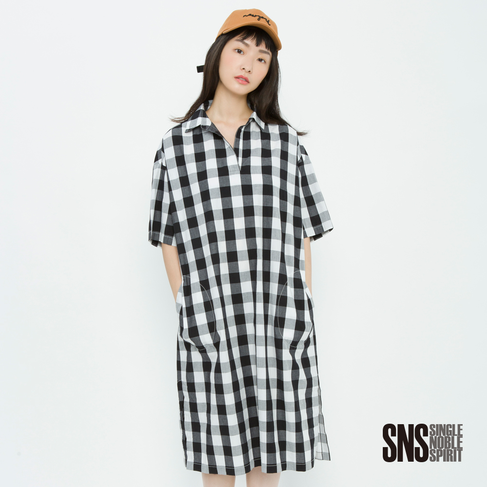 SNS 率真自在長版格紋襯衫洋裝(2色)