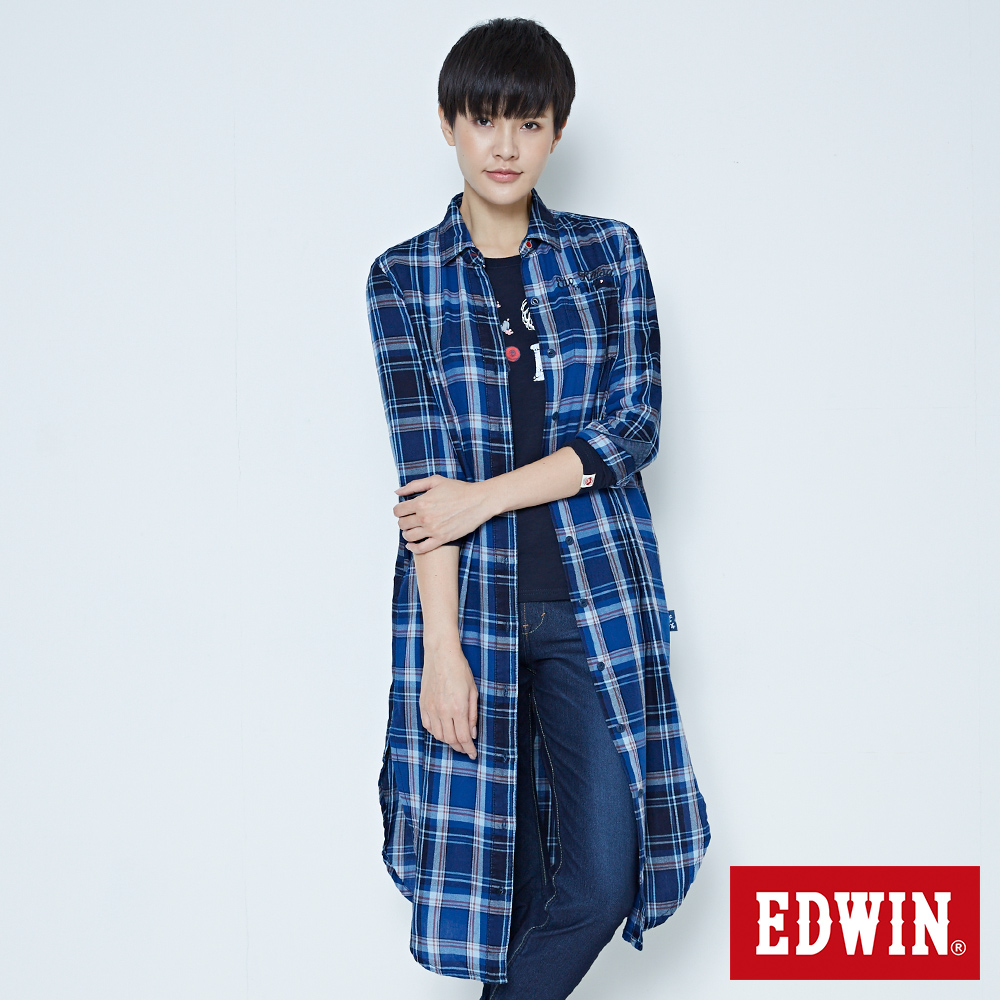 EDWIN 江戶勝 側開叉格紋長版襯衫-女-酵洗藍