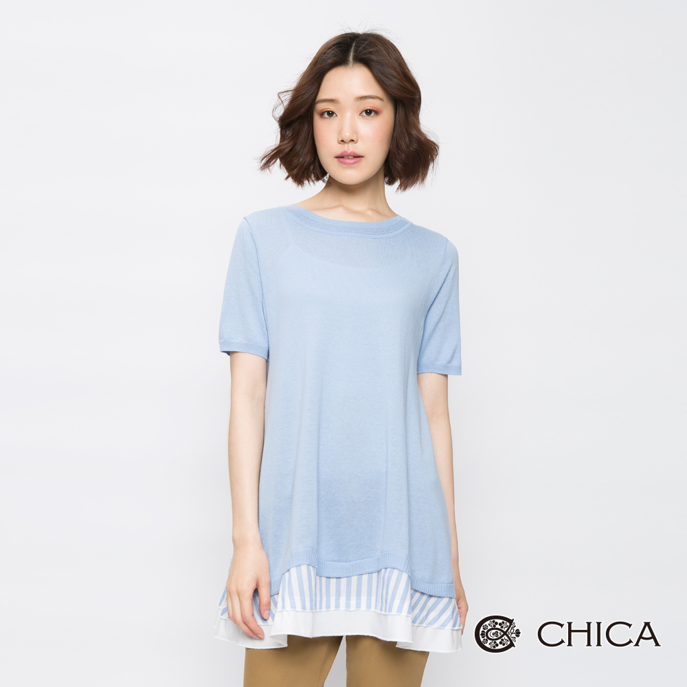 CHICA 清新秀雅異材質拼接長版針織衫(2色)