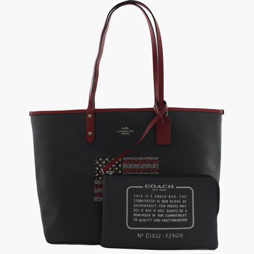 COACH 馬車LOGO防刮皮革PVC雙面大購物托特包.深藍/紅邊