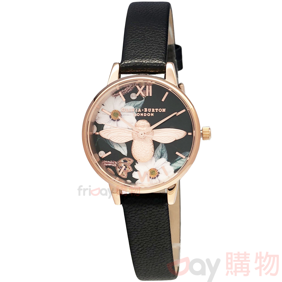 OLIVIA BURTON OB16BF05 玫瑰金框3D蜜蜂黑色錶帶女錶