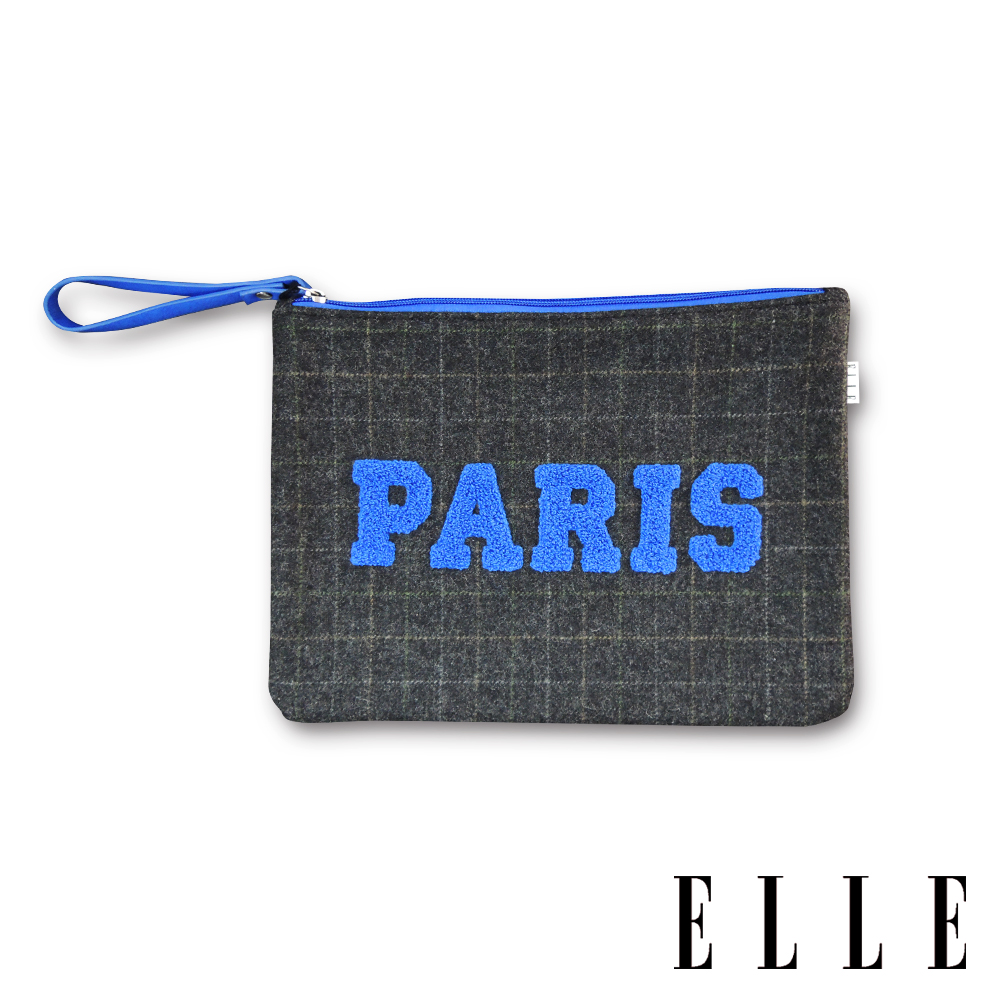 ELLE PARIS短毛呢格紋皮革拼接手拿包-寶藍 G30029