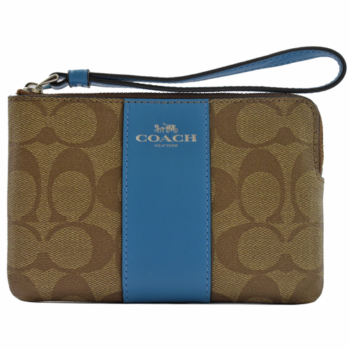 COACH 馬車LOGO條紋皮革PVC零錢手拿包.駝/藍