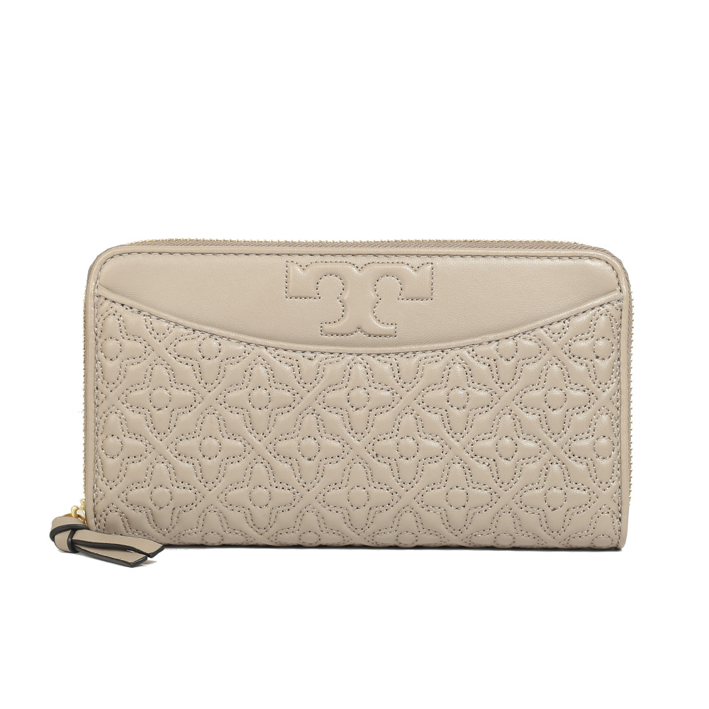 Tory Burch Bryant 車縫LOGO 花朵雕紋皮革拉鍊長夾I(灰色)