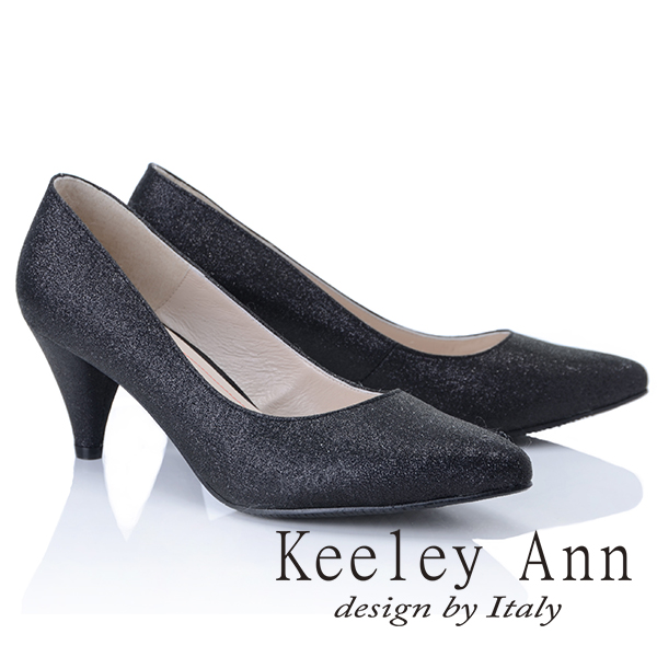 Keeley Ann雅緻低調~亮粉閃耀尖頭真皮軟墊中跟鞋(黑色485093310)