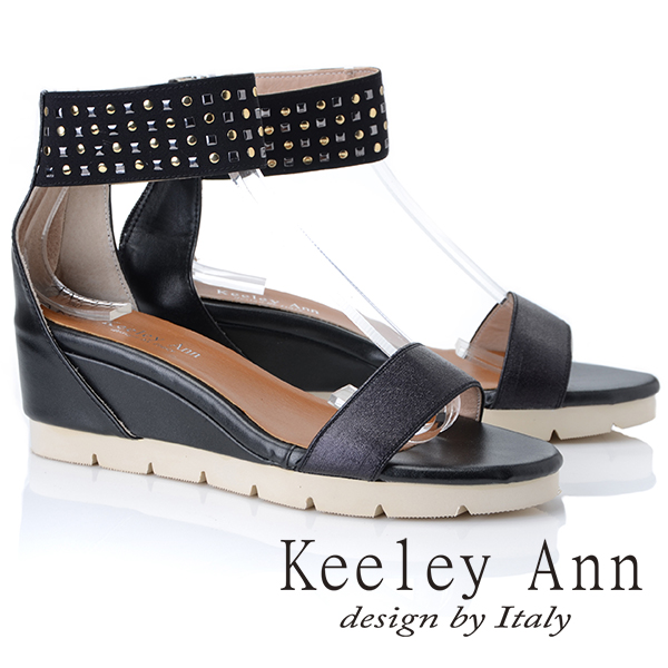 Keeley Ann個性玩酷~造型鉚釘飾釦後拉鍊楔形涼鞋(黑色532173110)