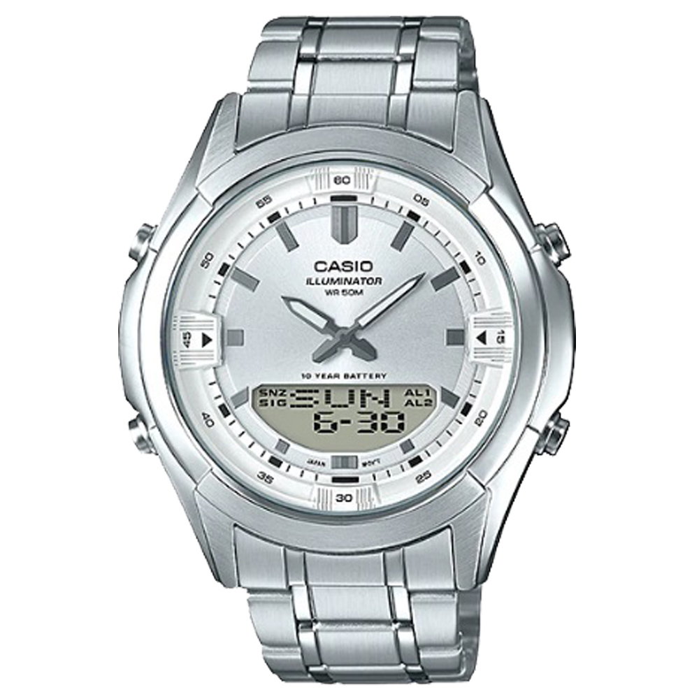 CASIO 卡西歐 雙顯男錶 不鏽鋼錶帶 黑色/銀色錶面 十年電力 防水 AMW-840D-7A