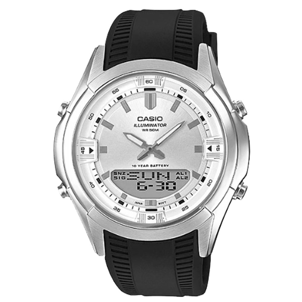 CASIO 卡西歐 雙顯男錶 樹脂錶帶 黑色/銀色錶面 十年電力 防水 AMW-840-7A