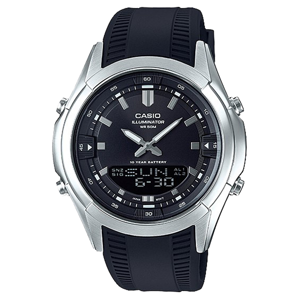 CASIO 卡西歐 雙顯男錶 樹脂錶帶 黑色/銀色錶面 十年電力 防水 AMW-840-1A