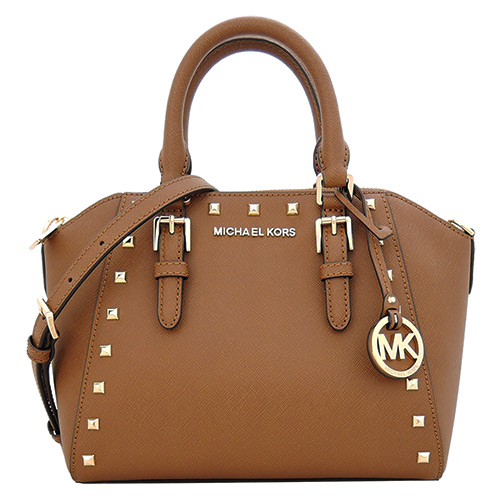 Michael Kors Ciara 防刮牛皮鉚釘手提/斜背兩用包(中/棕)
