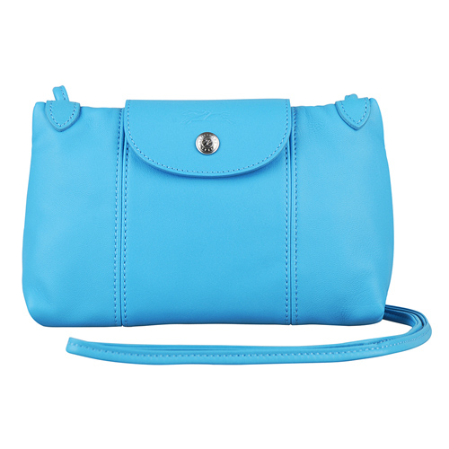 LONGCHAMP Le Pliage Cuir小羊皮系列斜背小包(天空藍)