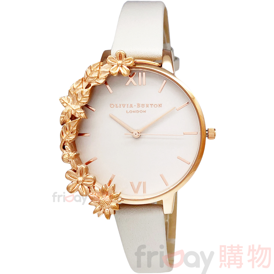 OLIVIA BURTON OB16CB06 華麗冒險 玫金框可拆卸框飾 花朵蜜蜂 淺灰色皮帶女錶