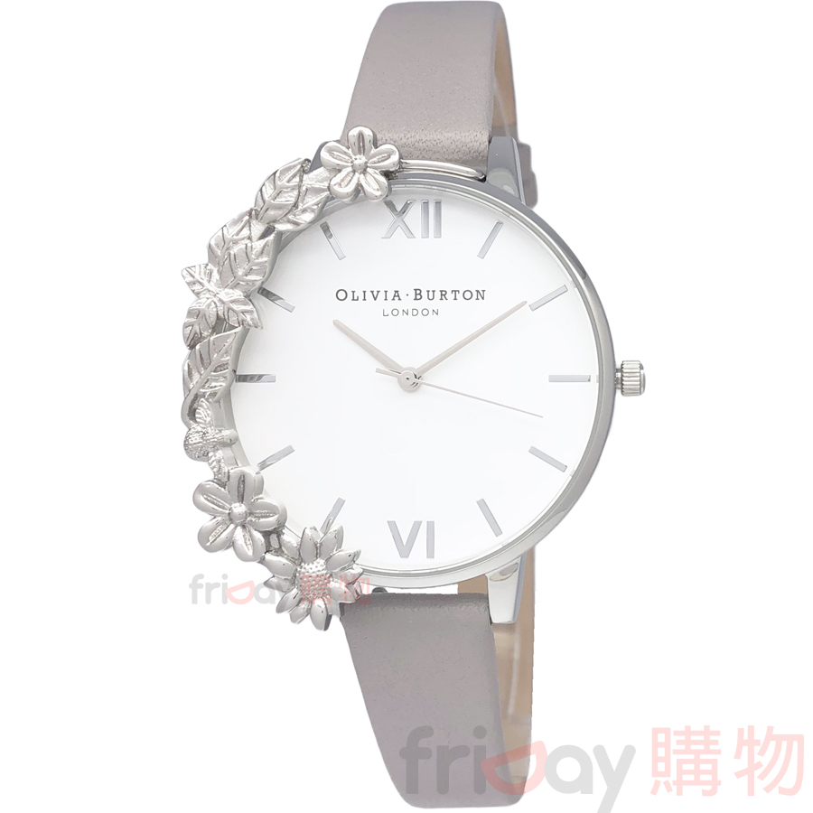 OLIVIA BURTON OB16CB05 華麗冒險 銀框可拆卸框飾 花朵蜜蜂 灰色皮帶女錶