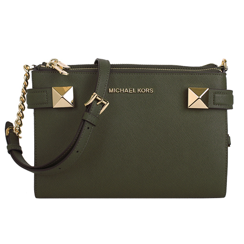 MICHAEL KORS- 鉚釘防刮可對開三層斜背包/橄覽綠
