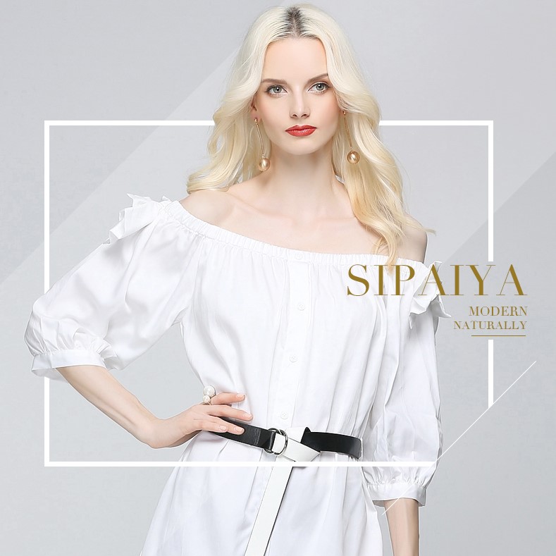 Olivia奧莉精品 一字領襯衫式腰帶洋裝S~XL 洋裝 寬襯衫 連身裙 短洋裝