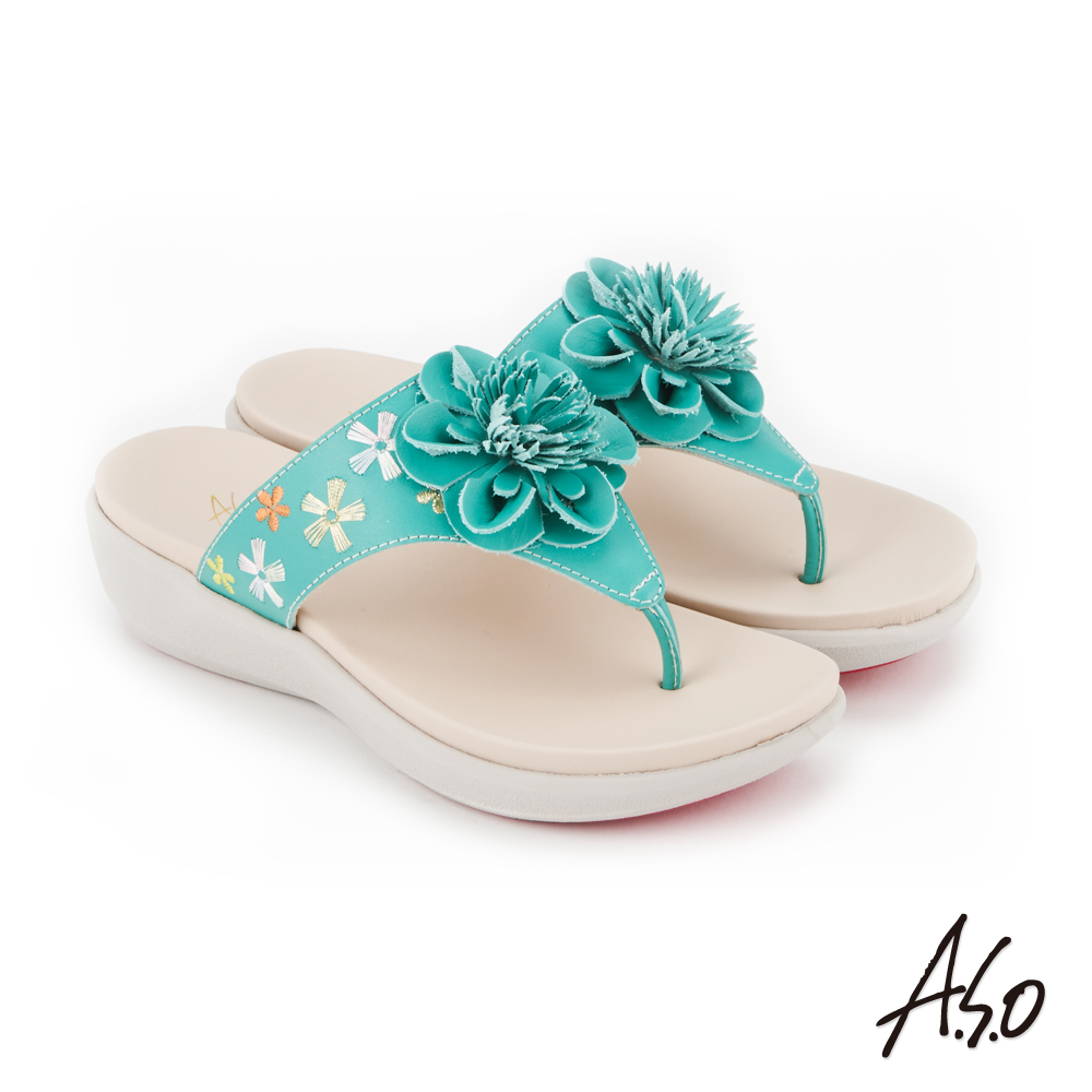 A.S.O 希臘渡假 全真皮俏麗圖騰花朵休閒涼拖鞋(綠色)