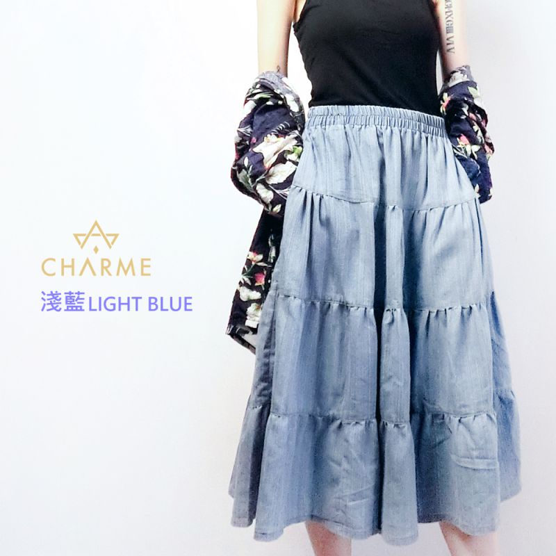 【charme】休閒百搭鬆緊腰口袋牛仔蛋糕裙-淺藍