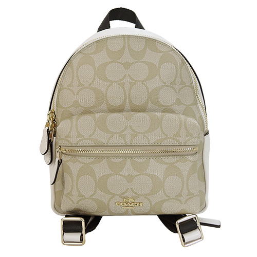 COACH 馬車PVC緹花拼接後背包(迷你/卡其白)