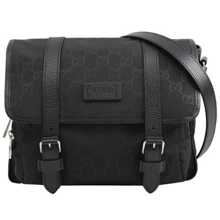 GUCCI  510335 經典雙G尼龍皮飾邊雙扣式斜背包.黑