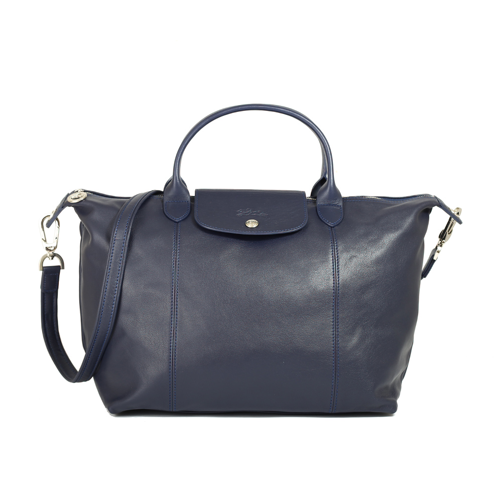 Longchamp Le Pliage Cuir 小羊皮短柄大型手提斜背包(海軍藍)