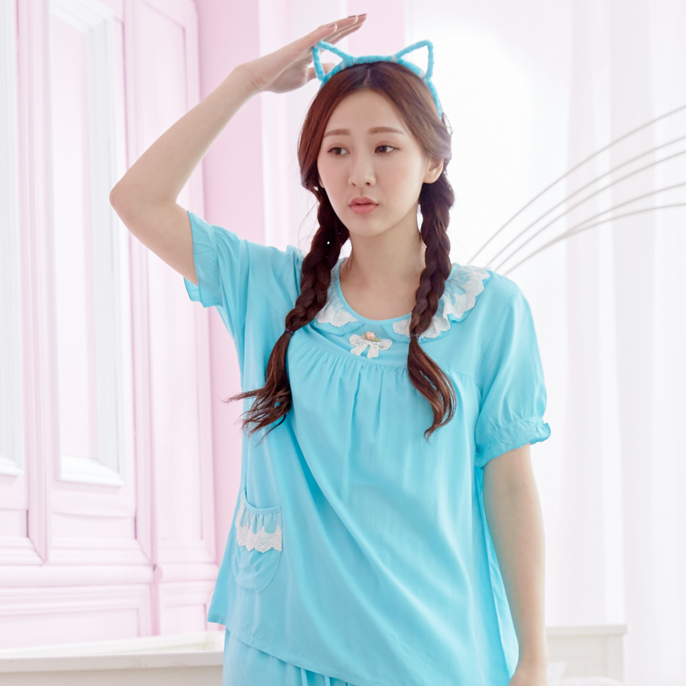【Wonderland】春漾唯美嫘縈居家休閒衣褲組(藍)(XL)