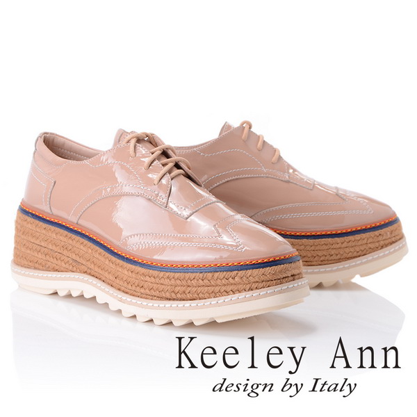 Keeley Ann街頭漫步~厚底編織滾邊綁帶休閒鞋(杏色875542206-Ann系列)