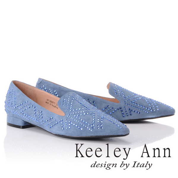 Keeley Ann簡約美學-大方滿鑽U型樂福鞋(灰藍色875687184-Ann系列)