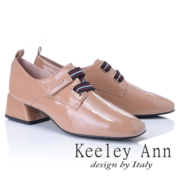 Keeley Ann英倫復古~彈性線條寬帶全真皮粗跟樂福鞋(膚色875772488-Ann系列)