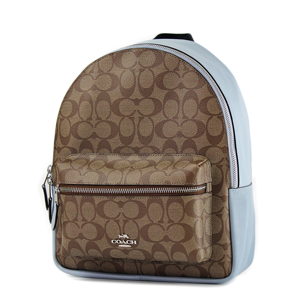 COACH 緹花LOGO防刮皮革後背包-蒼白藍/中
