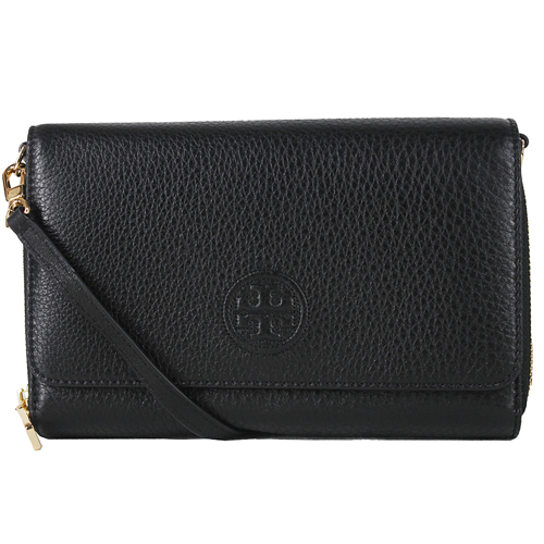 TORY BURCH BOMBE 雙層掀蓋式荔枝紋全皮Logo手拿/斜背包_黑色