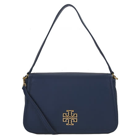 【TORY BURCH】BRITTEN SHOULDER經典鏤空LOGO荔枝紋全皮革肩/斜兩用包(深藍)
