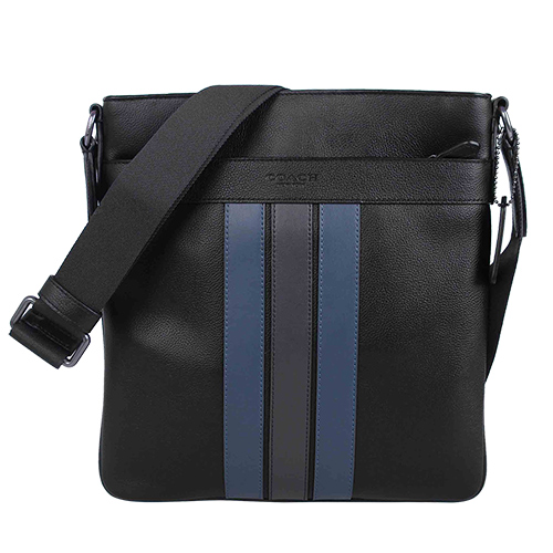 COACH - 荔枝皮革壓印LOGO藍黑條紋男斜背包(黑)