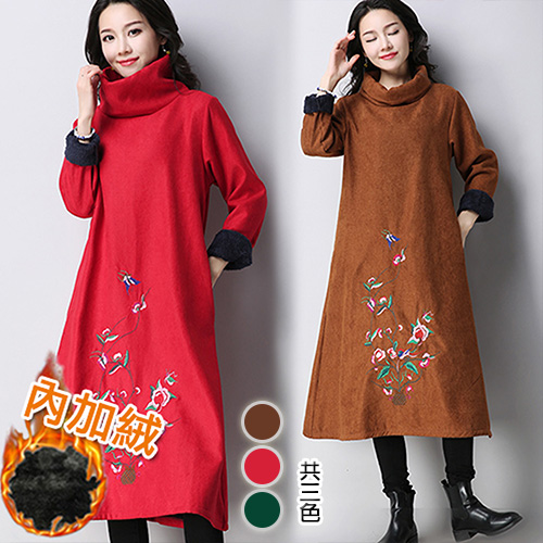 【韓國KW】L-2XL 秋冬文藝復古精緻刺繡加絨保暖洋裝