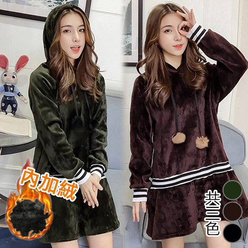 【韓國KW】XL-3XL 秋冬韓系俏皮毛球造型加絨連帽洋裝