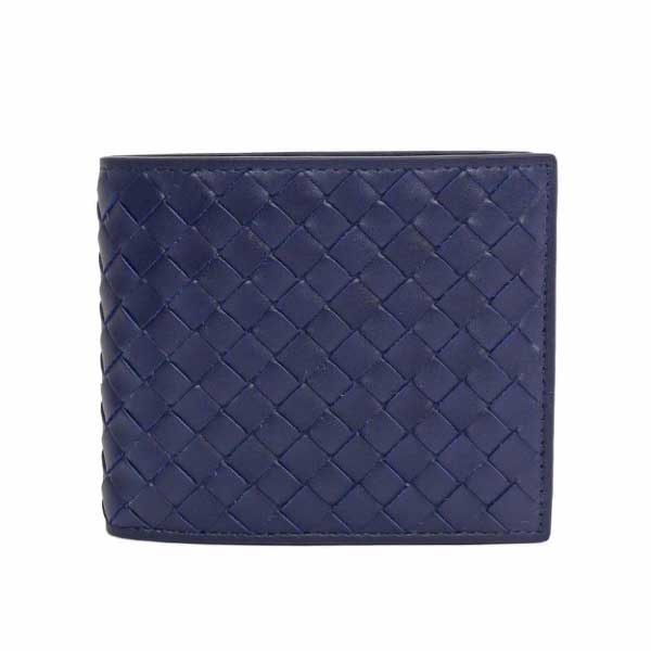 【BOTTEGA VENETA】小牛皮編織 對開8卡短夾(寶藍)