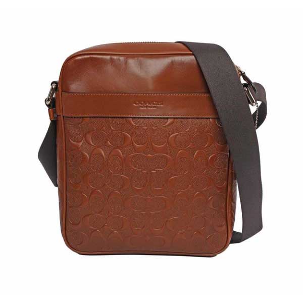 【COACH】LOGO壓紋皮革斜背包(厚款)(焦糖)