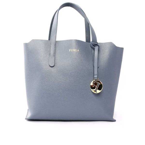 【FURLA】素面皮革手提包(小)(灰藍)