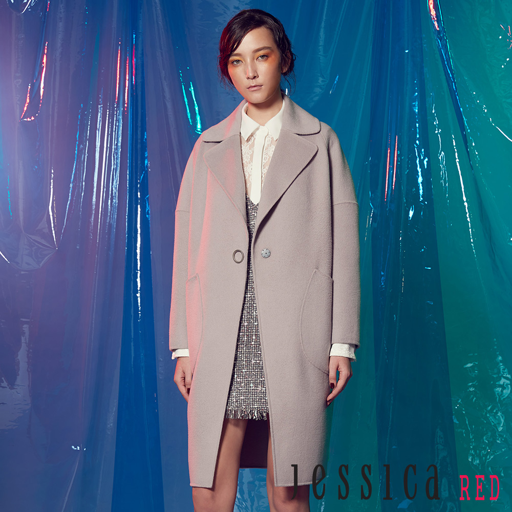JESSICA RED - 翻領單釦設計羊毛長版大衣(淺棕)