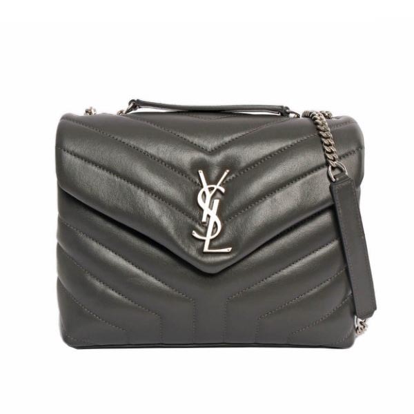 【YSL】Monogram Lou Lou V紋小牛皮斜背包/方胖包(小)(鐵灰)