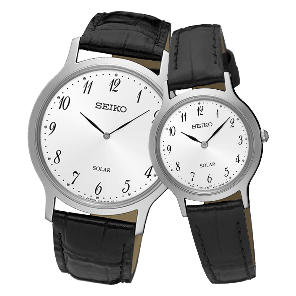 SEIKO 精工 優雅光動能對錶 皮革錶帶 白色錶面 防水SUP863P1+SUP369P1