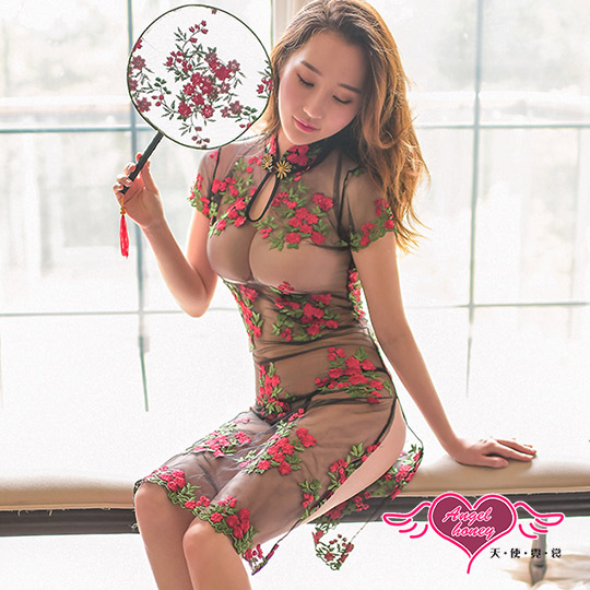 【天使霓裳】情趣睡衣 落紅花綻 薄紗開叉連身睡裙(黑F)