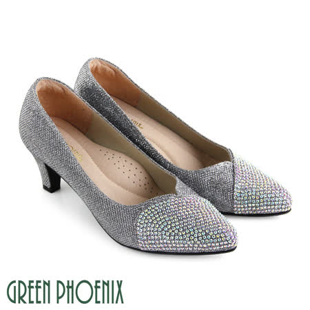 【GREEN PHOENIX】V型壓克力水鑽金蔥粉全真皮尖頭高跟鞋