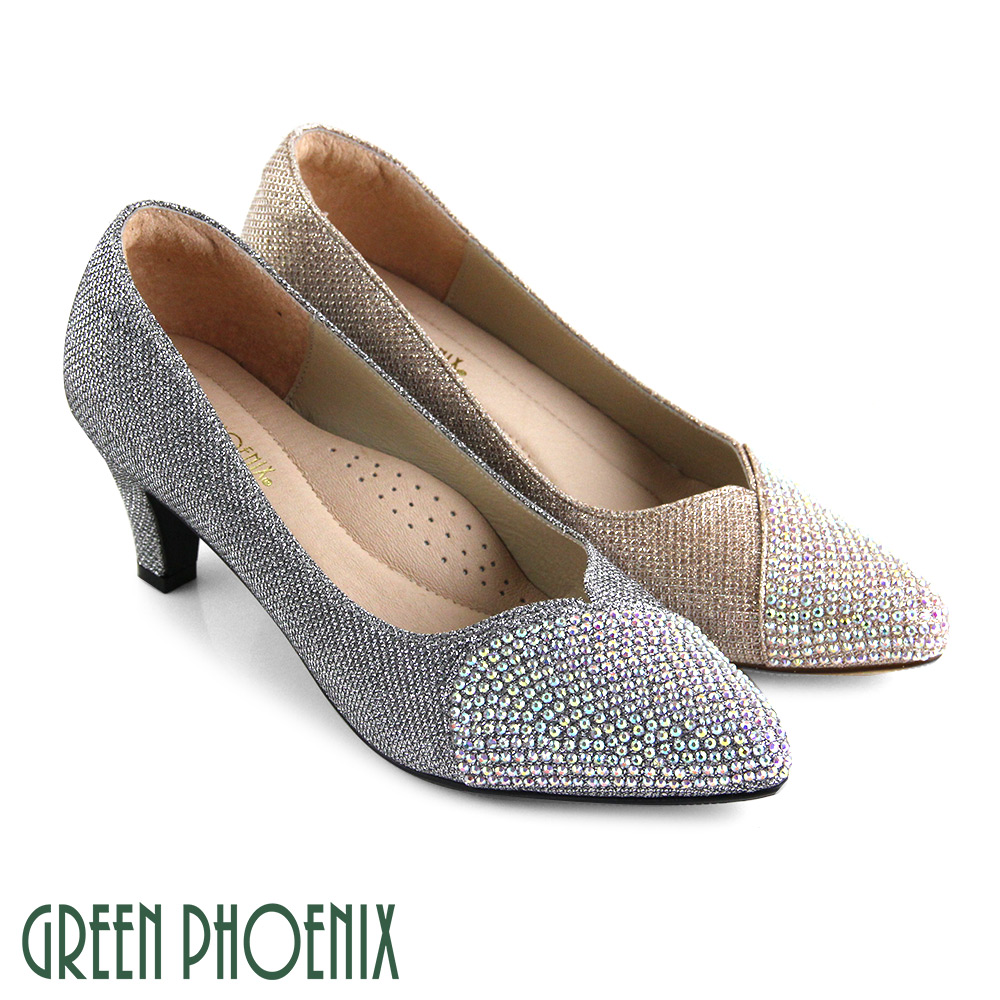 【GREEN PHOENIX】V型壓克力水鑽金蔥粉全真皮尖頭高跟鞋