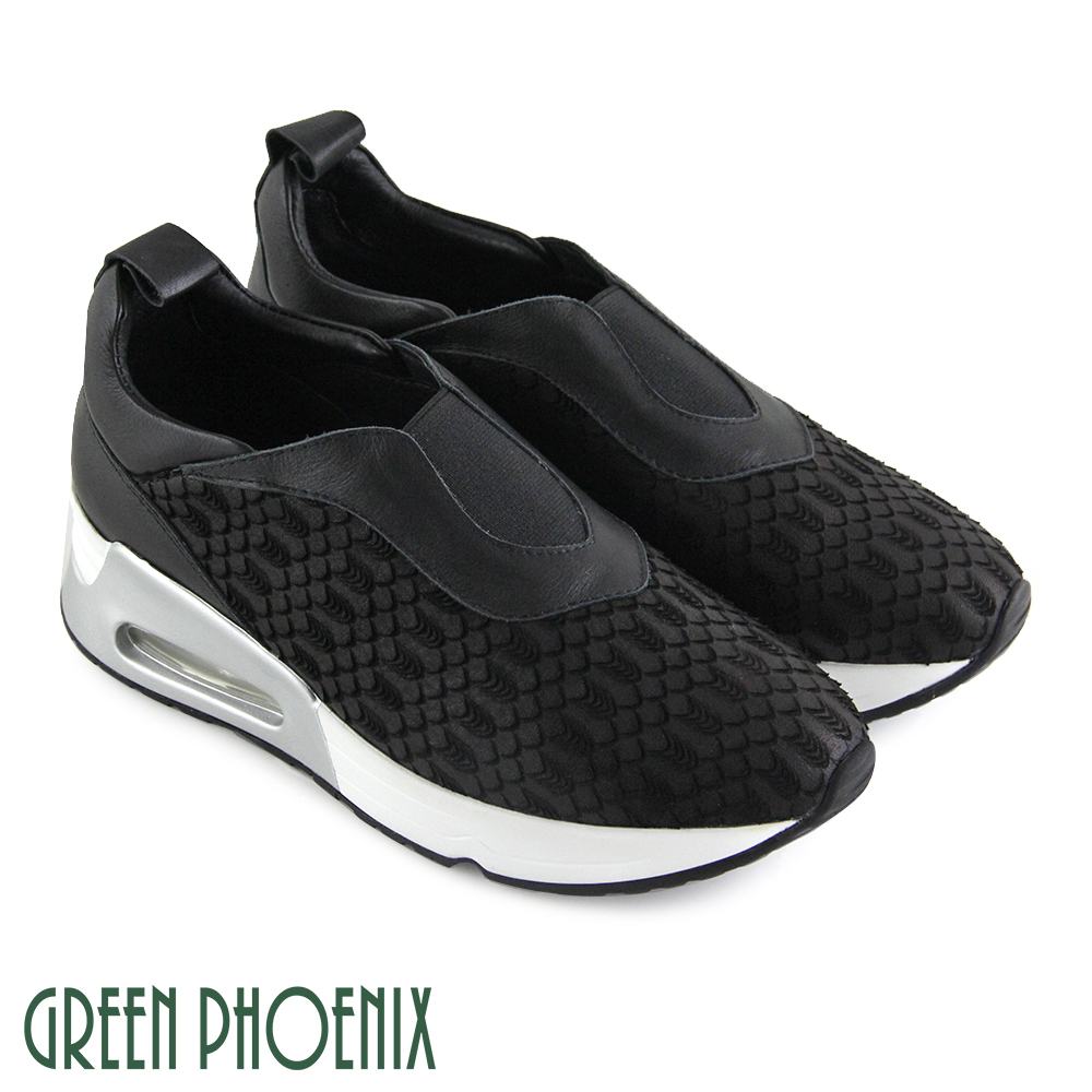 【GREEN PHOENIX】國際精品手工立體雕花紋彈性鬆緊義大利小牛皮厚底氣墊休閒鞋