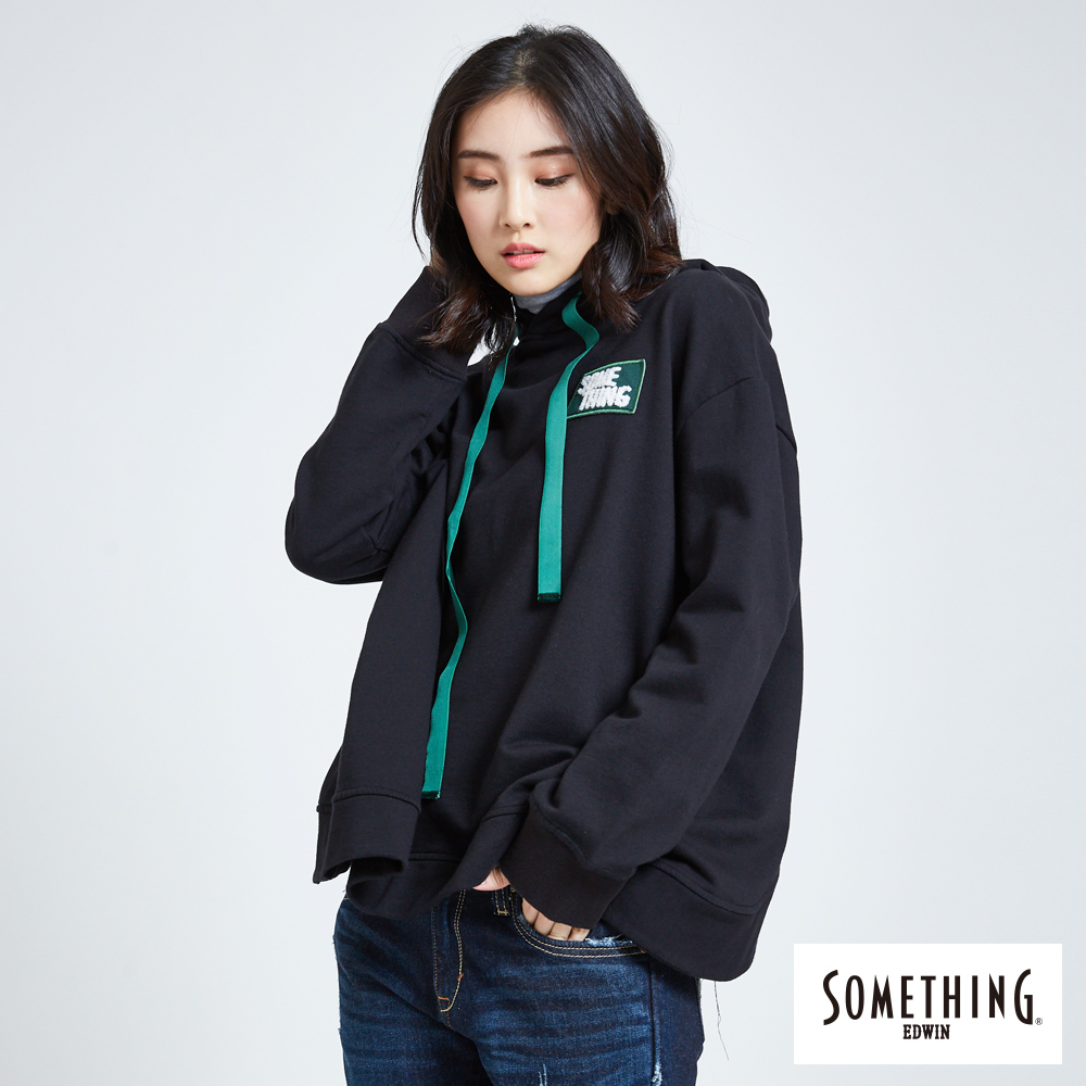 SOMETHING 青春高校 寬版交叉長袖連帽T恤-女-黑色