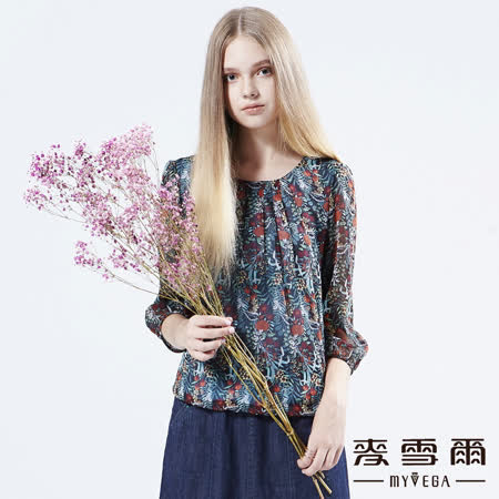 【麥雪爾】花簇雪紡印花七分袖上衣