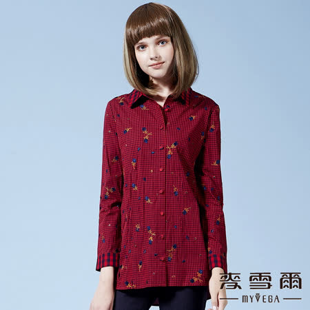 【麥雪爾】棉質滿版刺繡格紋襯衫
