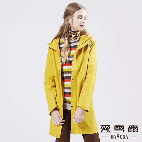 【麥雪爾】全扣式拉鍊立領連帽長版風衣-黃