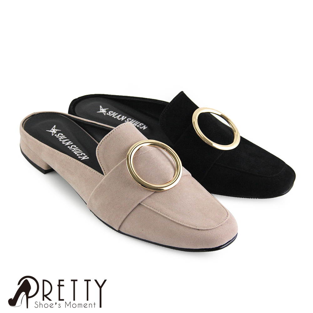 【Pretty】圓框絨布小方頭平底穆勒鞋