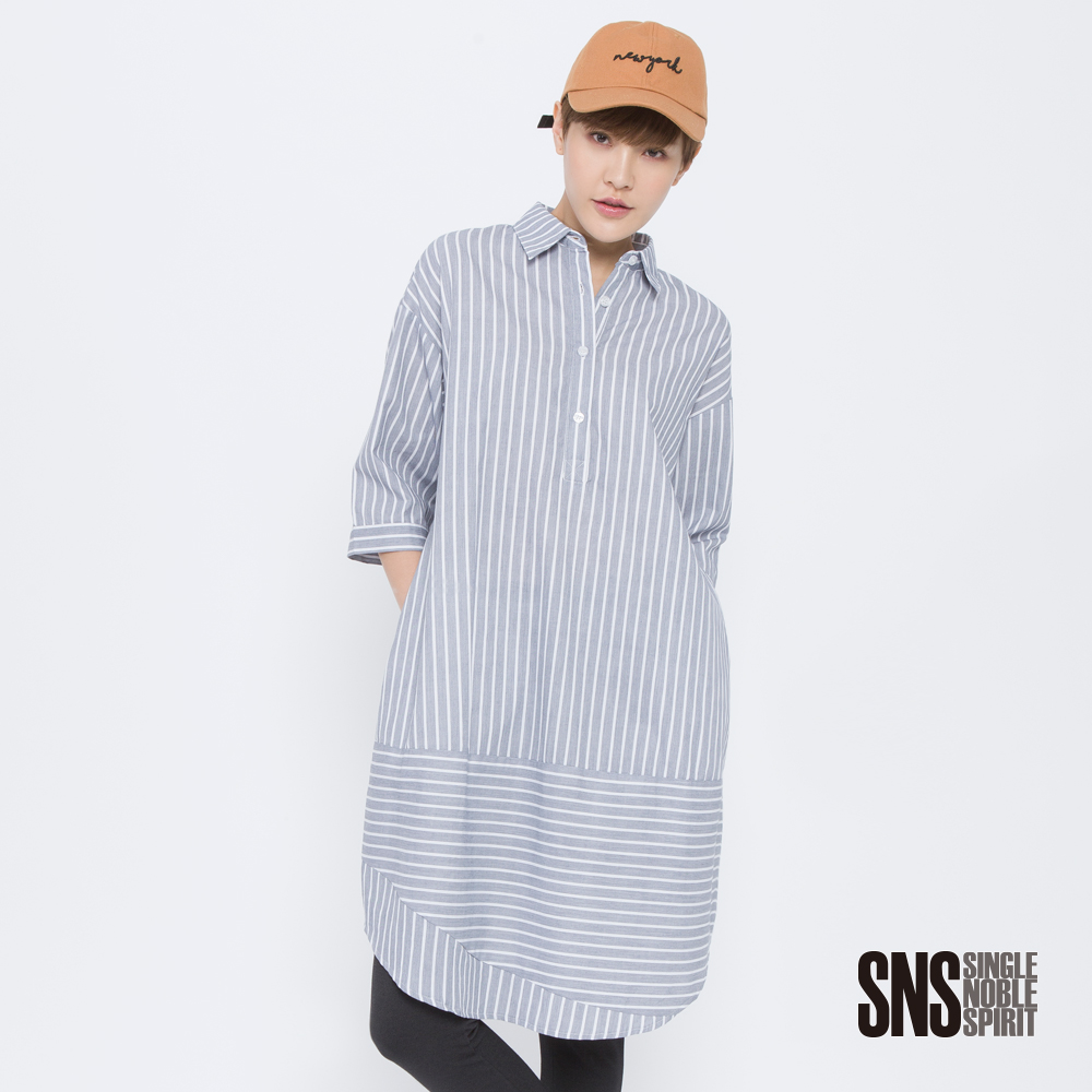 SNS 星塵旅人拼接條紋襯衫洋裝(2色)